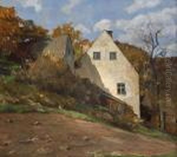 Bauernhauser In Herbstlicher
 Landschaft. Oil Painting by Albert Stagura