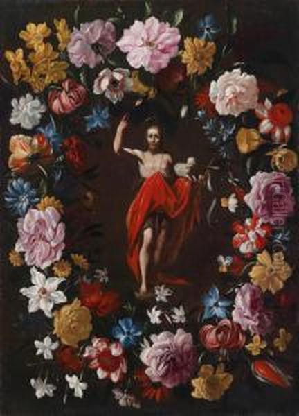 Detto Stanchi Dei Fiori Una 
Ghirlanda Di Fiori Intorno A Un Medaglione Con Cristo Risorto Oil Painting by Giovanni Stanchi