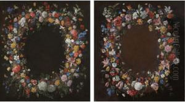 A Pair Of Still Lifes With 
Garlands Of Flowers Including Tulips, Peonies, Irises, Daffodils, 
Narcissi, Hyacinths, Morning Glory, Anemones, Roses, Poppies And Orange 
Blossom Oil Painting by Giovanni Stanchi