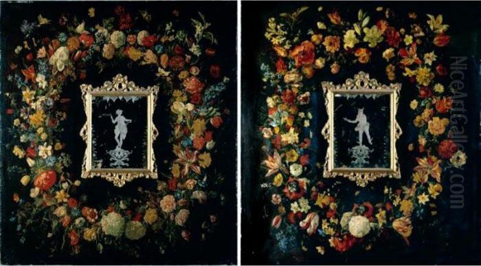 Still Lifes Of Garlands Of 
Tulips, Peonies, Irises, Daffodils, Narcissi, Hyacinths, Morning Glory, 
Anemonies, Roses, Poppies And Orange Blossom, With Butterflies, 
Surrounding Religious Images ( Oil Painting by Giovanni Stanchi