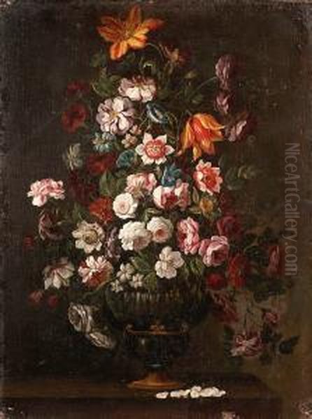 An Iris, Tulips, Roses, 
Carnations And Other Flowers In A Gilt Bronze Vase On A Tabletop; And 
Tulips, Roses, Peonies, Morning Glory And Other Flowers In A Gilt Bronze
 Vase On A Table Top Oil Painting by Giovanni Stanchi