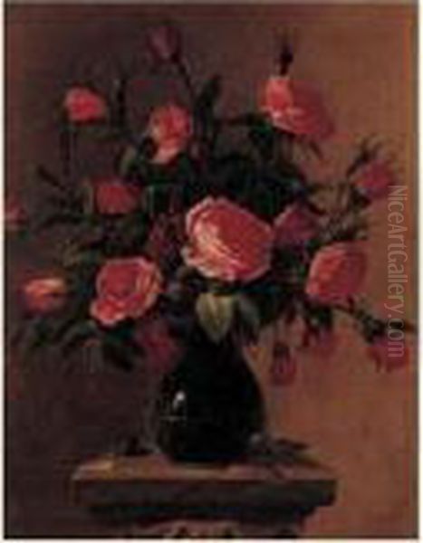 Bouquet De Roses Dans Un Vase Dispose Sur Un Entablement
 Sculpte Oil Painting by Giovanni Stanchi