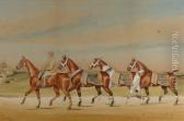 British Stable Lad Exercising 
Fours Horses; A Chestnut, A Piebald And Bays, Their Blankets Advertising
 Snowdon & Son, Horse Dealers Of Harrogate, The Stables In The 
Distance Oil Painting by Henry William Standing