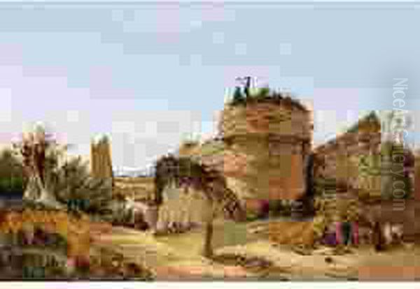 View Of Burgh Castle, Norfolk, 
Looking Towards Reedham, With A Gypsy Family Encamped In The Foreground Oil Painting by Alfred Stannard