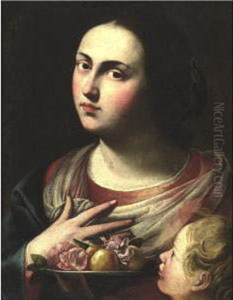 Portrait Of A Young Woman With A
 Plate Of Fruit And Flowers, A Child's Head Peering From The Lower Right Oil Painting by Massimo Stanzione