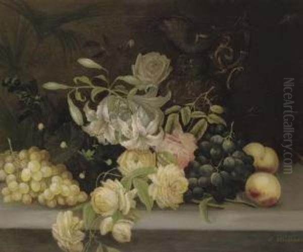 A Gourd, White And Black Grapes,
 Apples And A Pear With A Vase And A Jug On A Marble Ledge; And Lillies 
And Roses, Hollyhocks, Grapes And Peaches, And A Ewer, On A Stone Ledge Oil Painting by Edwin Steele