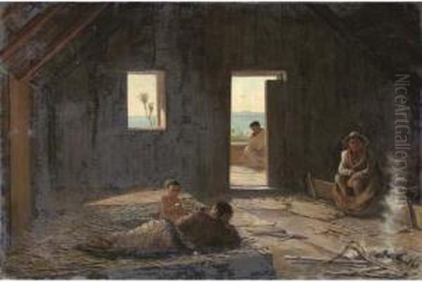 Interior Of A Maori House Oil Painting by Louis John Steele