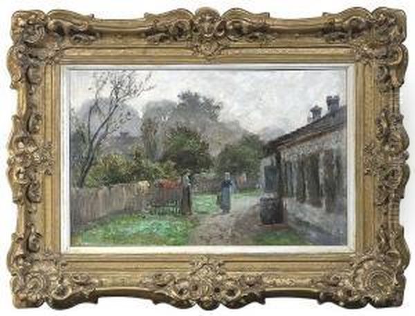 Summery Landscape Behind A 
Homestead With Two Countrywomen Conversing. Oil/cardboard, Signed And 
Inscribed Oil Painting by Theodore Clement Steele