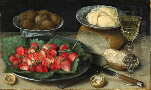 Strawberries on a Plate, Walnuts in a porcelain Bowl, Butter on a Plate, a Loaf of Bread, a faon de venise Wine Glass, a Knife and a Fork on a Table Oil Painting by Georg Flegel