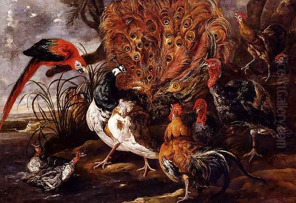 A Peacock In A Landscape With Roosters, Turkeys, Ducks, A Heron And A Parrot Oil Painting by Jan Fyt