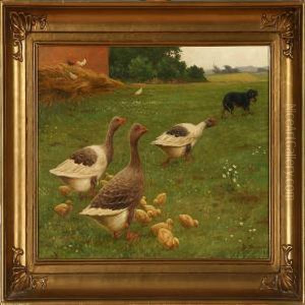 Geese Quacks A Dogaway Oil Painting by Poul Steffensen