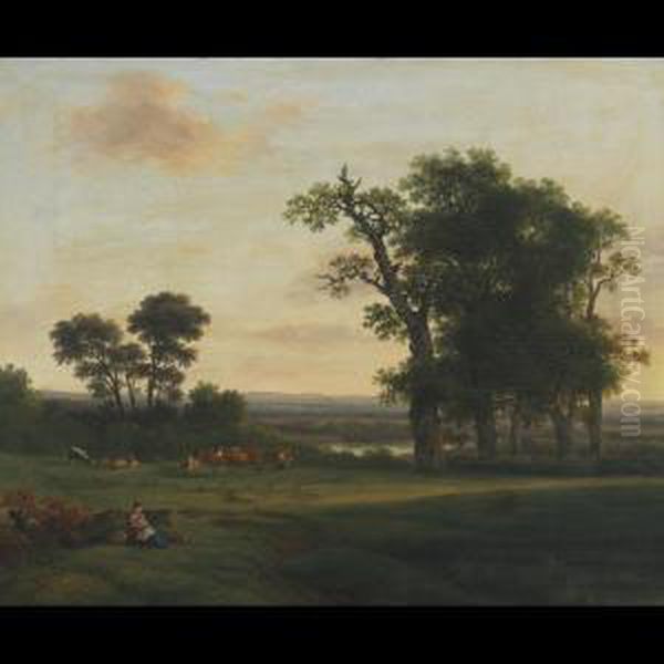 Pastoral With Mother And 
Children Resting While A Woman Milks Cowsand Boatmen Fish In The 
Distance Oil Painting by Franz II Steinfeld