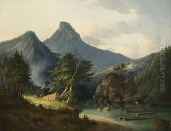 Gebirgstal Mit Einem
 Fluschen. Oil Painting by Franz II Steinfeld