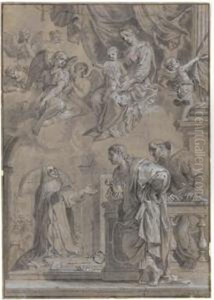 The Madonna And Child Appearing 
To Saint Elizabeth Of Hungary,saint John The Evangelist And Saint 
Francis Oil Painting by Jacques De Stella