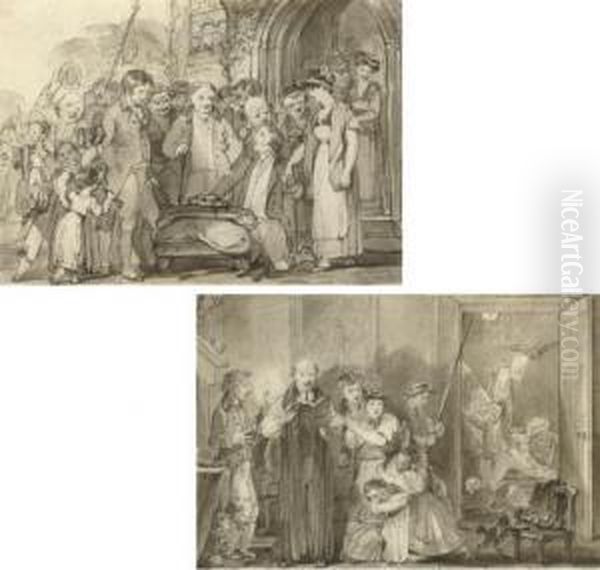 Six Scenes Of Country Customs, 
Including Villagers Gathering For The Beating The Bounds Ceremony; 
'heaving', A Man Lifted In A Chair By Women; A Young Couple Before A 
Church (illustrated); A Woman Carried In A Basket By A Crowd; A Women's 
Running- Oil Painting by James Stephanoff