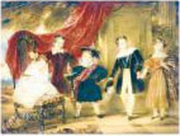 Children In Courtly Dress Standing By A Monument With A Landscape Beyond Oil Painting by James Stephanoff