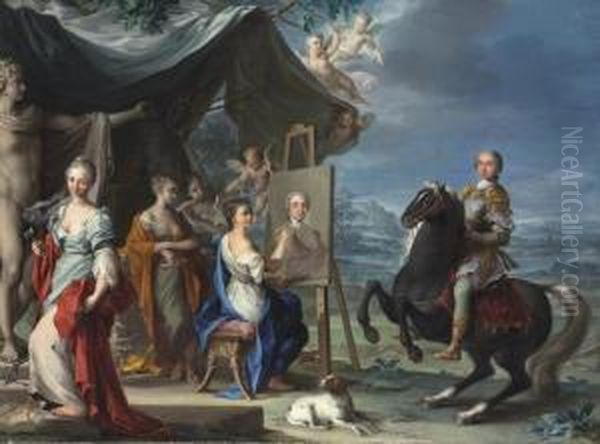 An Equestrian Portrait Of A 
Nobleman As Protector Of The Arts, Before Personifications Of Sculpture,
 Poetry, Music And Painting Oil Painting by Ignazio Stern