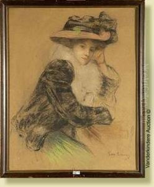 Portrait D'une Elegante Au 
Chapeau, Fusain Rehausse Aupastel Sur Papier. Signe En Bas A Droite G.m.
 Stevens. Ecole Belge.dim.: 62x49 Cm Oil Painting by Gustave Max Stevens