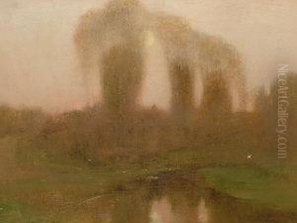 Moon Rising Over A Tranquil Riverlandscape Oil Painting by Robert Macaulay Stevenson