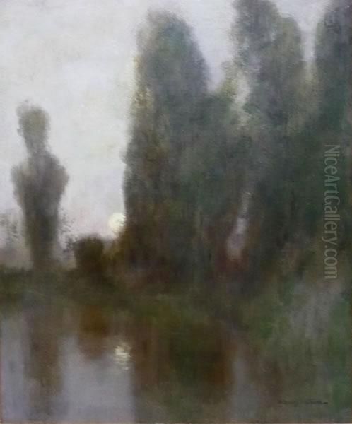Of A Moonlit River Landscape With Poplar Trees. Oil Painting by Robert Macaulay Stevenson