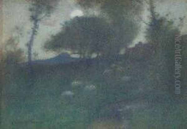 Sheep Grazing In A Moonlit Landscape Oil Painting by Robert Macaulay Stevenson