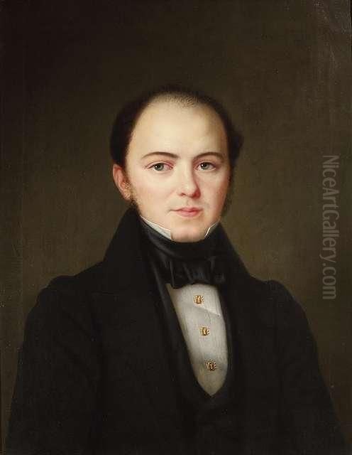Portrait Of A Gentleman Wearing A
 White Chemise With Golden Buttons Under His Black Frock Coat Oil Painting by Franz Seraph Stirnbrand