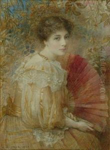 The Hon Mrs Emily Napier, 
Holding A Fan In Autumn Woodland - A Half Length Seated Portrait Oil Painting by Henry John Stock