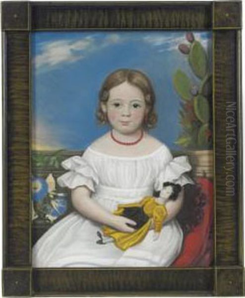 Portrait Of Brown-haired Little 
Girl Holding Doll In Yellow Dress Cactus And Morning Glories In The 
Background Oil Painting by Joseph Whiting Stock