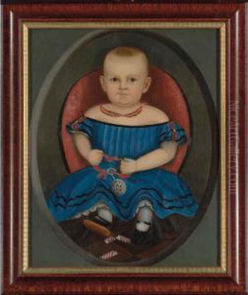 A Portrait Of A Child Wearing A 
Double-strand Coral And Gold Necklace, Blue Dress Decorated With Coral 
And Gold Strands, And Patent Leather Shoes, And Holding A Silver Rattle 
With Teething Ring And A Broken Candy Cane Oil Painting by Joseph Whiting Stock