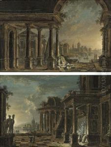 An Architectural Capriccio Of 
Classical Ruins With Travellers Beyond; And An Architectural Capriccio 
Of Classical Ruins With Elegant Figures In The Foreground, A River 
Beyond Oil Painting by Christian Stocklin