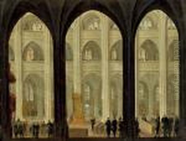 Interno Di Una Chiesa Gotica Con
 Molti Uomini Vestiti Di Nero E Un Trono Doppio Rivestito Di Rosso Oil Painting by Christian Stocklin