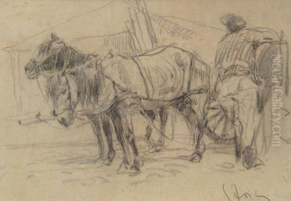 Cart With Horses Oil Painting by Dumitrescu Stoica