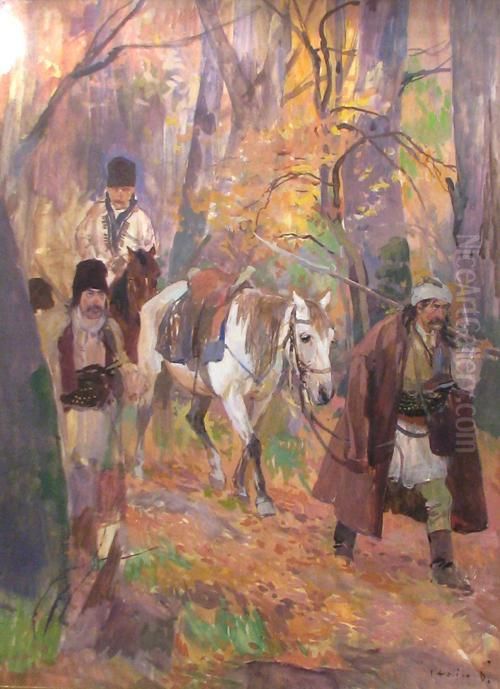 Peasants In The Forest Oil Painting by Dumitrescu Stoica