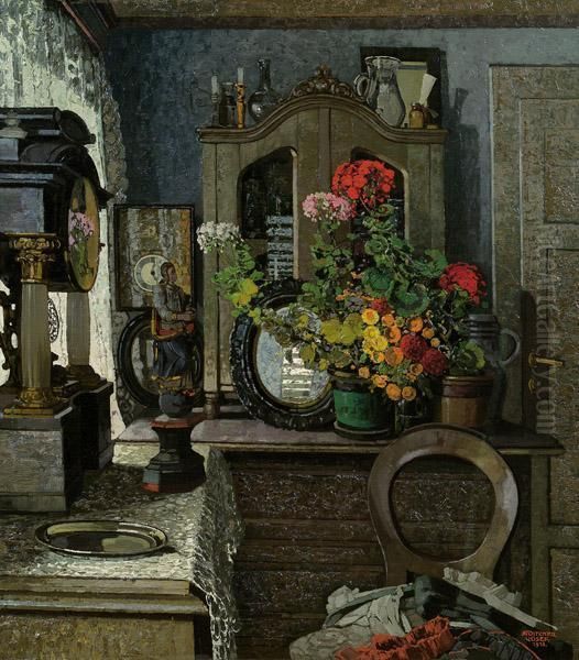 Interieur Mit Blumenstrauss Oil Painting by Josef Stoitzner