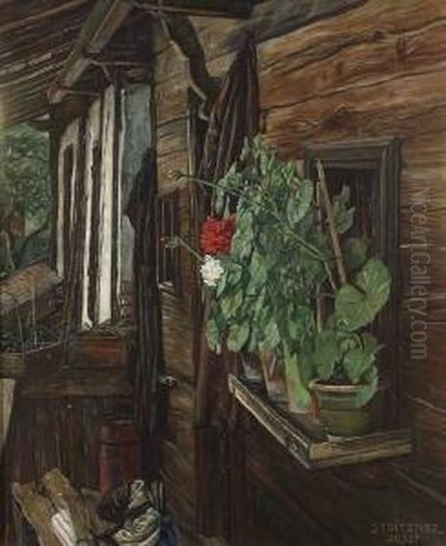 Auf Dem Balkon Eines Alten
 Bauernhauses. Oil Painting by Josef Stoitzner
