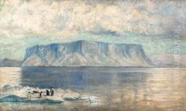 Penguins On An Ice Floe, Antarctica Oil Painting by Frank Wilbert Stokes