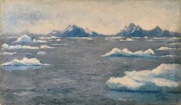 First Glimpse Of Greenland Off Fredrikshaab Oil Painting by Frank Wilbert Stokes