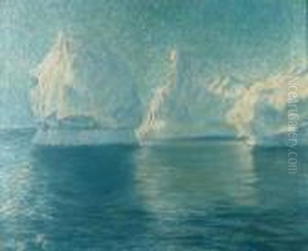 Moonlight Shimmer And Bergs, Antarctica Oil Painting by Frank Wilbert Stokes