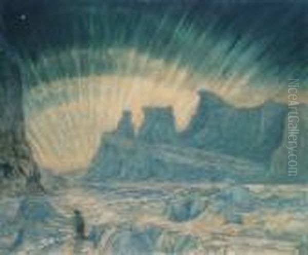 Fan-shaped Aurora Australis, Emperor Penguin In Theforeground Oil Painting by Frank Wilbert Stokes