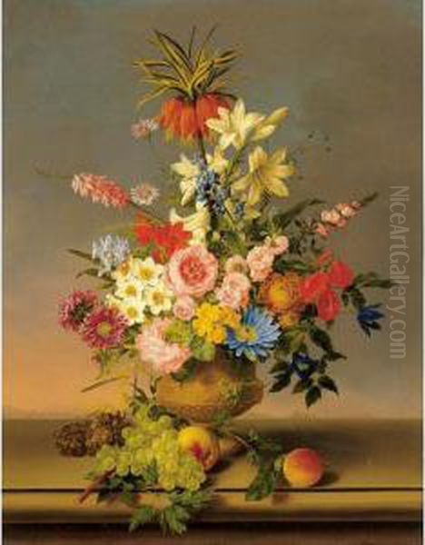 Still Life Of Various Flowers In
 A Vase With Bunches Of Grapes And Peaches, All Resting On A Ledge With A
 Landscape Beyond Oil Painting by Leopold Stoll