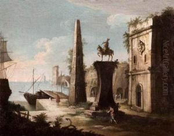 Capriccio Con Scorcio Di Laguna Veneta, Obelisco E Monumento Equestre Oil Painting by Antonio, Tonino Stom