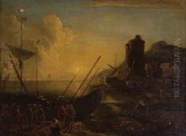 Marina Con Personaggi E Ruderi Oil Painting by Antonio, Tonino Stom