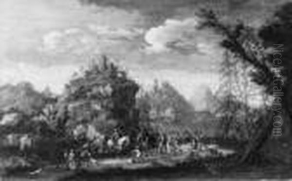 Ntonio , Umkreis Berglandschaft 
Mit Reicher Personenstaffage. Ol Auf Leinwand. H 45; B 72 Cm. 
Provenienz: Galerie Zinckgraf, Munchen Oil Painting by Antonio, Tonino Stom