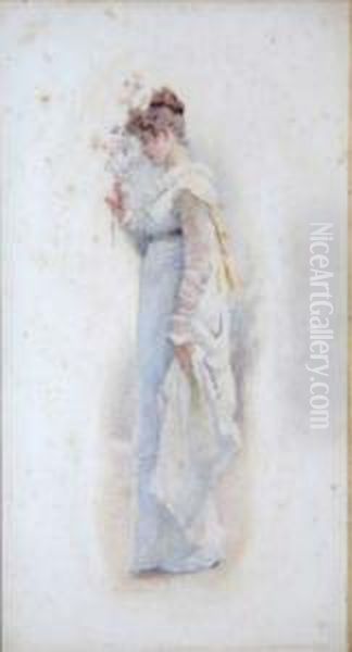 Spring - Jungedame Mit 
Blutenzweig, Aquarell, Ca. 32 X 11 Cm, Unt. Signiert U.dat. 1894, Etwas 
Stockfleckig, Im Originalen Stuckrahmen Imklassizistischen Stil 
(stuckelemente Z.teil Best.) Oil Painting by Marcus Stone