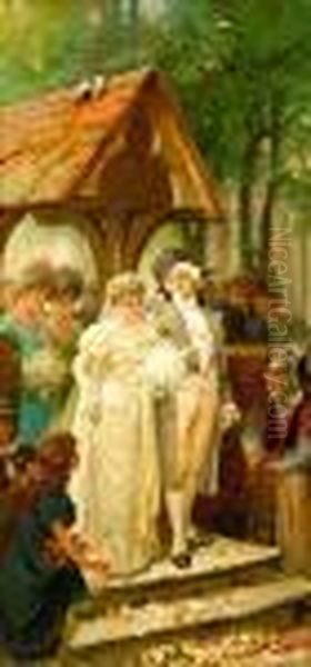 Stone, - 'the Happy Bride', 
Initialledms And Dated '88 Bottom Left, Oil On Canvas, 80cm By 38cm Oil Painting by Marcus Stone