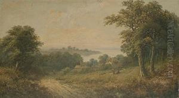 Figures Before A Cottage In A 
Landscape, An Estuary Beyond; And A Figure On A Track In A Landscape Oil Painting by William Stone