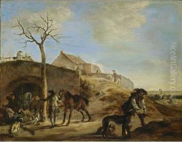 A Landscape With Huntsmen 
Preparing For The Hunt, Together With Their Hounds And Horses, A Stone 
Bridge With Figures Nearby, With A Fortified House In The Background Oil Painting by Dirck Willemsz. Stoop