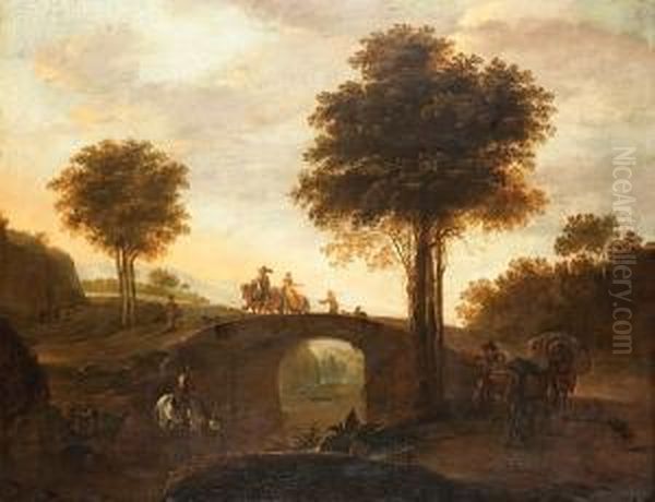An Italianate River Landscape 
With A Muleteer On A Track And A Horseman Watering His Horse, Travellers
 Crossing A Bridge Beyond Oil Painting by Dirck Willemsz. Stoop