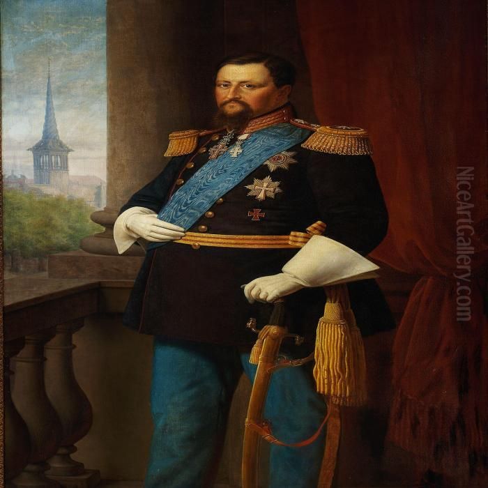 A Portrait Of Kingfrederik Vii 
Standing On A Balcony, In The Background A View Ofborsen In Copenhagen Oil Painting by Frederik Ludwig Storch