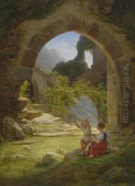 Zwei Spielende Kinder In
 Ruinenlandschaft. Oil Painting by Frederik Ludwig Storch